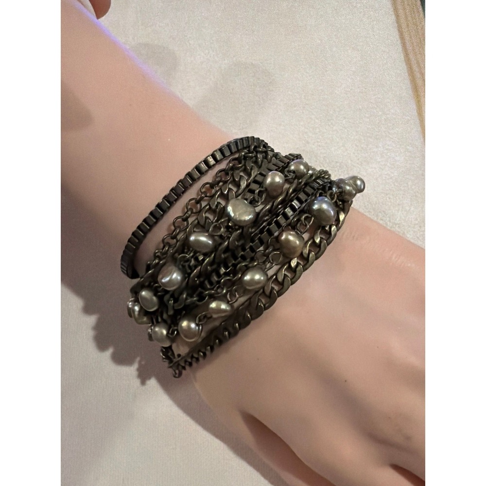 Chico's Gunmetal Multi-Strand Chain Bracelet with Pearl Accents – Statement Cuff